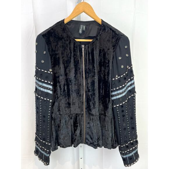 Blank London Sz M Anthropologie Embellished Velvet Jacket Full Zip Peplum Black - Picture 1 of 8